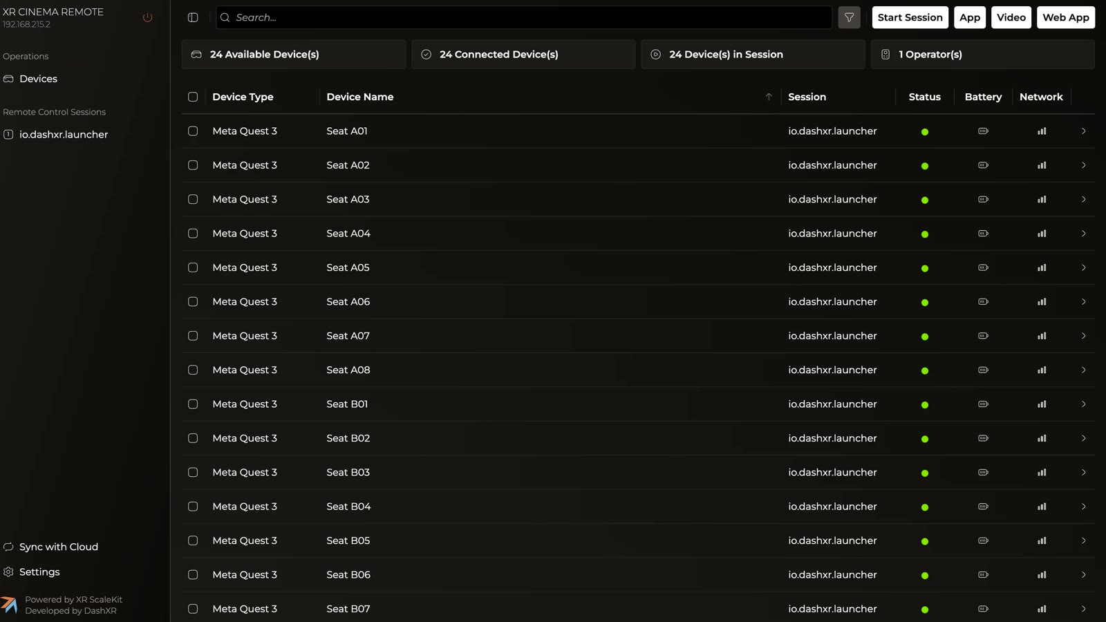 The Cinema Remote device overview listing 24 Meta Quest 3 headsets by seat, each with live status, battery, and network indicators